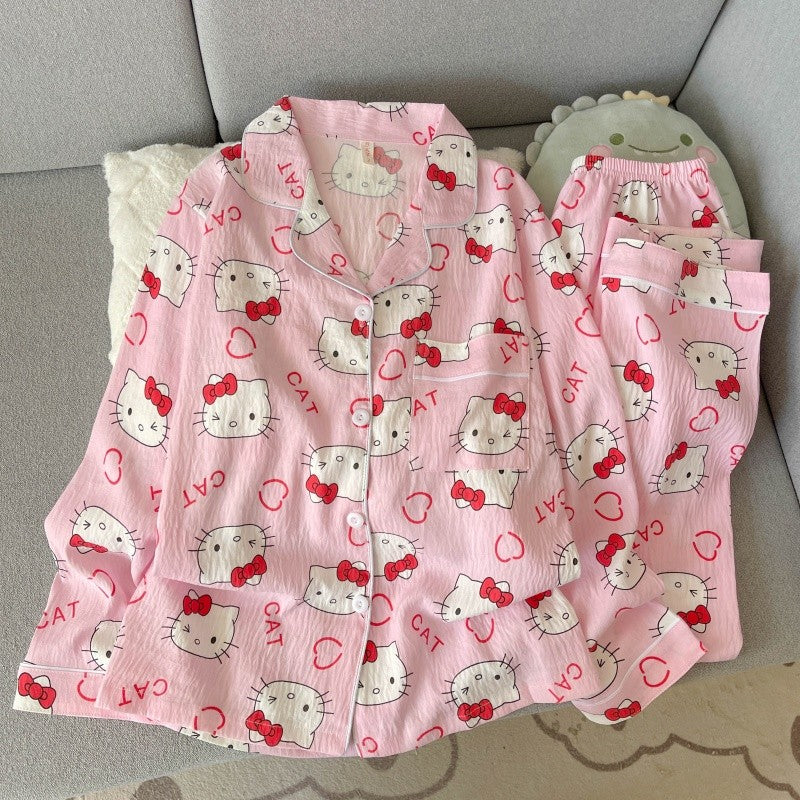 Cartoon Hello Kitty Pajamas Set Women's Autumn Winter Long Sleeve Loungewear Pink Cute Sleepwear Kawaii Soft Homewear Outfit