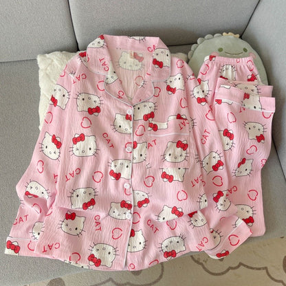 Cartoon Hello Kitty Pajamas Set Women's Autumn Winter Long Sleeve Loungewear Pink Cute Sleepwear Kawaii Soft Homewear Outfit