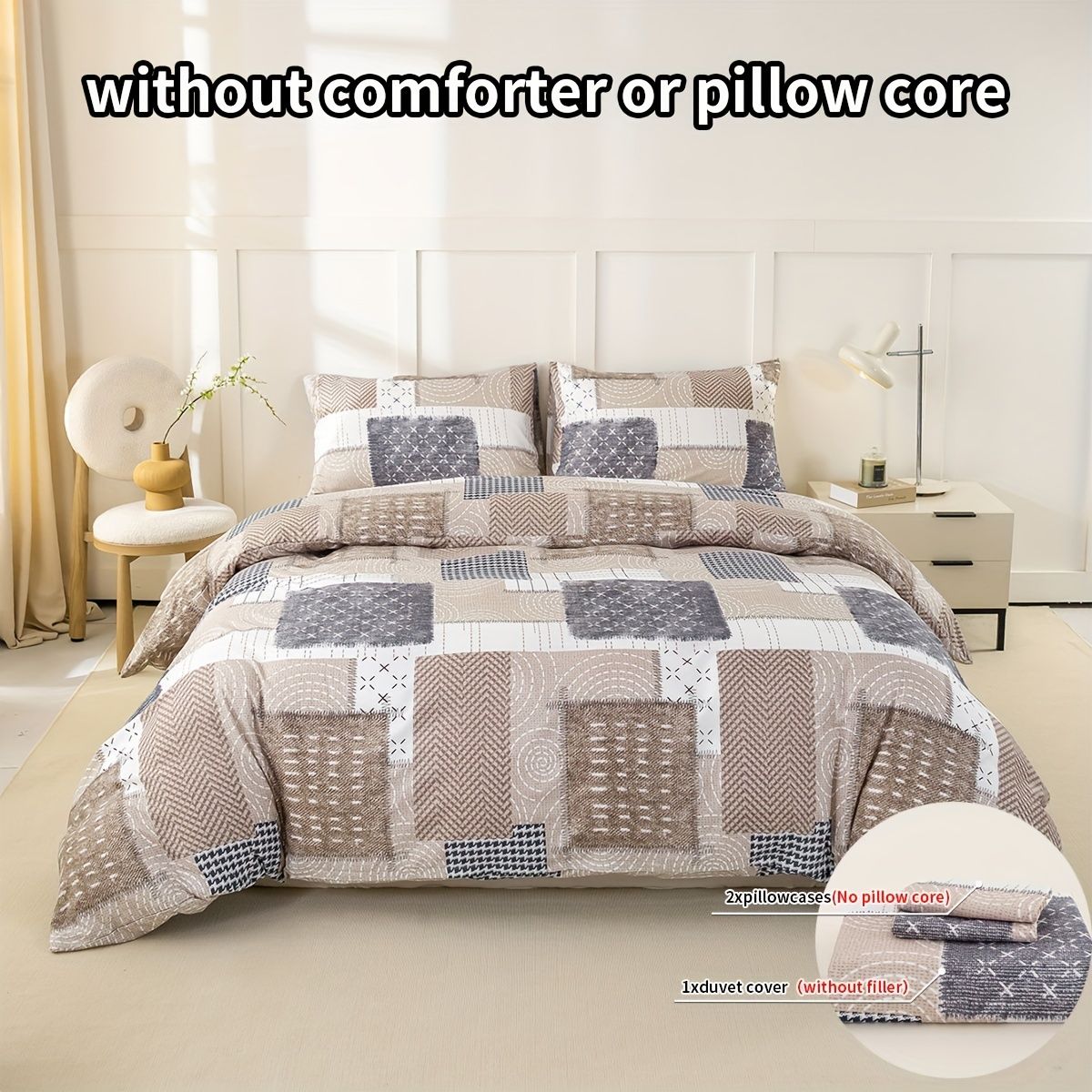 Conjunto de capa de edredom com estampa de retalhos chique de 3 peças, conjunto de cama macio e delicado para a pele inclui 1 capa de edredom e 2 fronhas