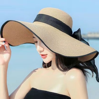 Chapéu de sol de palha feminino, estilo coreano, aba grande, à prova de sol, chapéu de férias dobrável, para praia e ar livre.  ????  ??