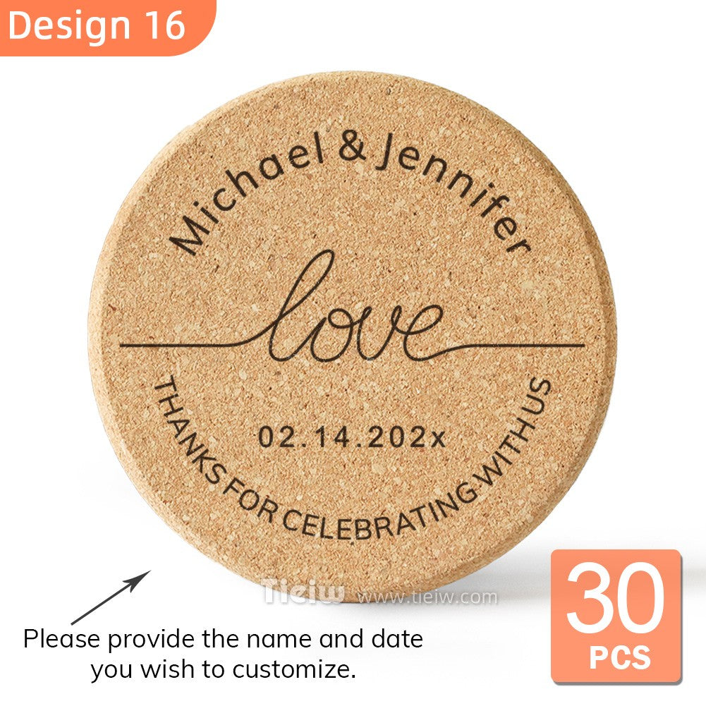 30pcs Personalized Cork Coasters-Tieiw Design-Wedding Favor for Guests Party Bridal Shower Corporate Engraved Coaster Gifts Bulk