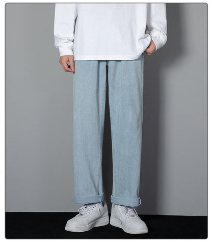 2025 New Korean Men's Casual Long Jeans Classic Man Straight Denim Wide-leg Pants Solid Color Light Blue Grey Black