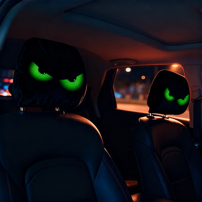 2PCS Black Fluorescent Eye Car Head Pillowcase, Double-sided Printed Car Interior Personalized Decoration Car Pillowcase