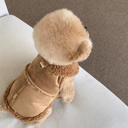 Colete Clássico para Cães de Cor Lisa, Outono/Inverno, de Lã, Quente, para Pets Pequenos e Médios, Jaqueta Colete Quente com Fivela de Tração, Roupas de Veludo