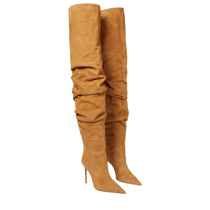 Women's New Pointed Pleated High-heeled Knee High Boots, Autumn and Winter Suede Thigh Boots, Women's Plus Size Stacking Boots