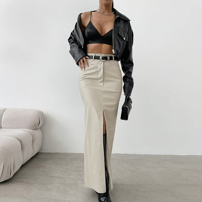 Women High Waist PU Leather Skirts Ladies Solid Slim Maxi Long Skirts