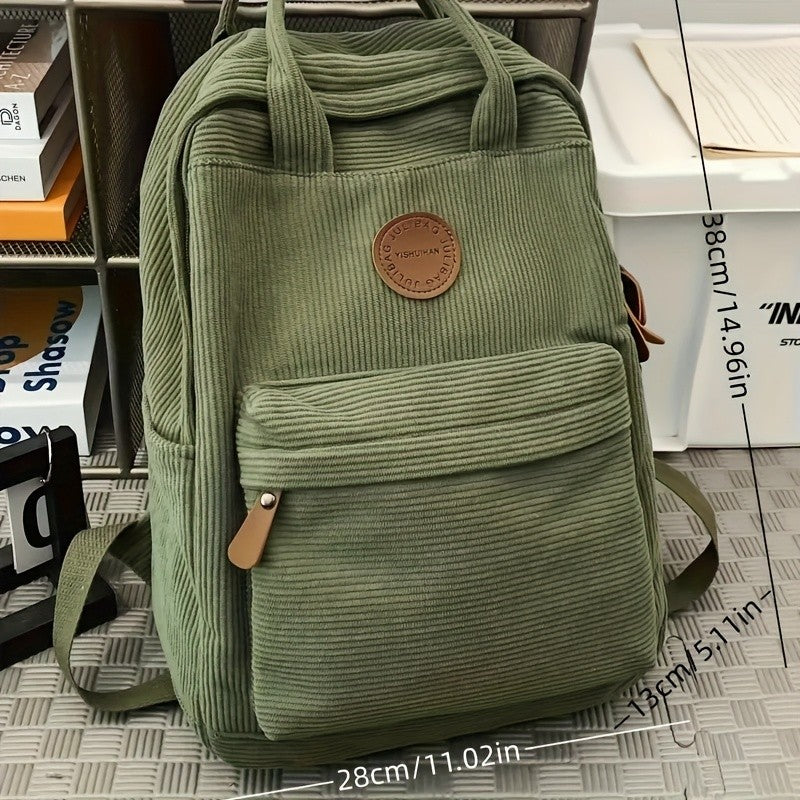 Casual Corduroy Backpack for Teens, 14 Laptop Compartment, High School & College Bag with Zipper Pocket, Backpacks for School