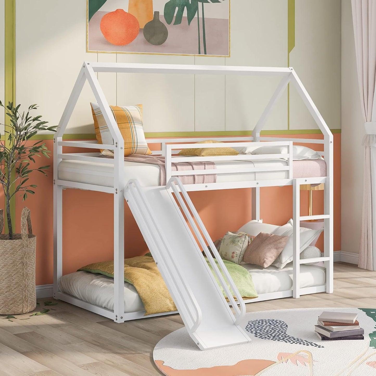 Beliche Duplo com Escorregador, Beliche Baixo Infantil de Metal com Escada e Guarda-Corpo de Comprimento Total para Menina, Menino