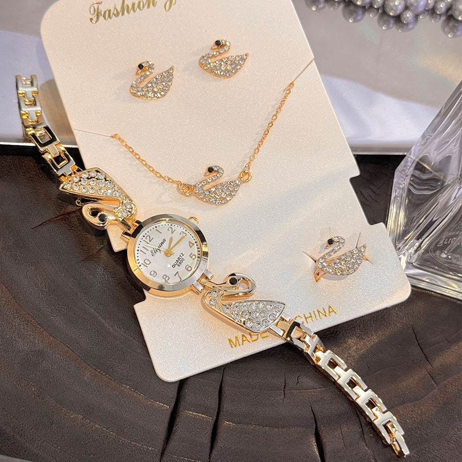 4-Piece Set Pearl Watch Chain Arabic Numeral Quartz Watch Large Pearl Necklace Diamond-Encrusted Ring And Earrings Jewelry Gift