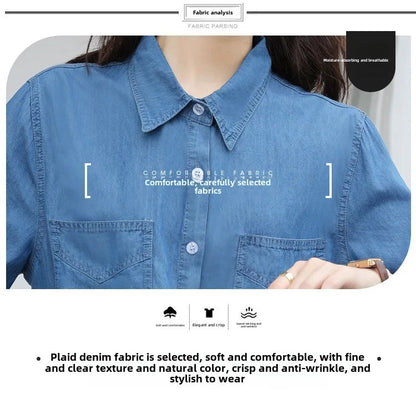 Vintageblueshort Sleeves Thin Denim Shirt 2024 Summer New Casual Loose-Fit Hong Kong Style Petite Top For Women