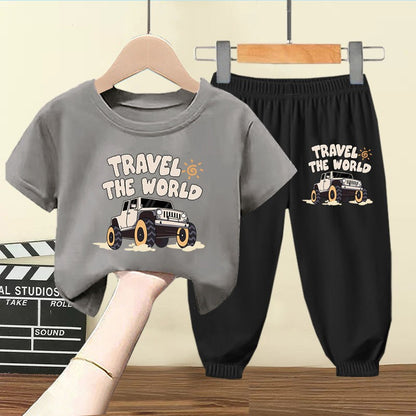 Conjunto de Roupinhas de Verão para Bebês Meninos, Camisetas e Shorts Estampados de Desenhos Animados para Crianças, Terno de 2 Peças, Roupas de Manga Curta para Crianças