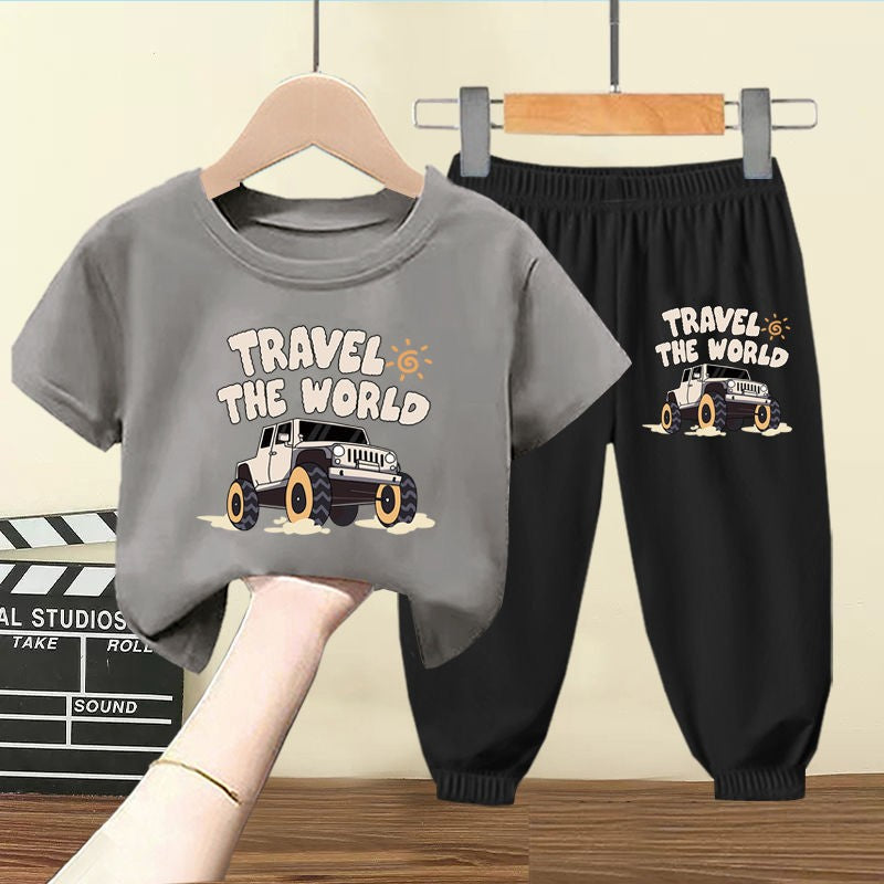 Conjunto de Roupinhas de Verão para Bebês Meninos, Camisetas e Shorts Estampados de Desenhos Animados para Crianças, Terno de 2 Peças, Roupas de Manga Curta para Crianças