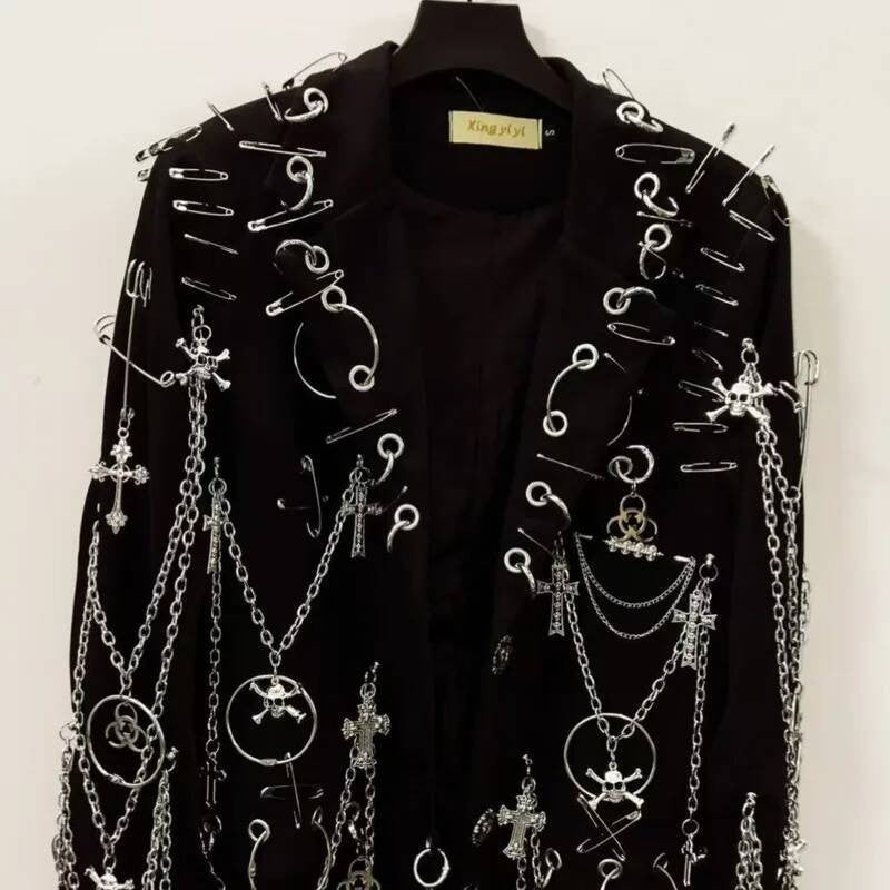 WVGA Spring Autumn New Men Y2K Dark Techwear Gothic Chain Design Blazer Punk Rock Heavy Beaded Niche Chic Casual Suit-Coat W8497