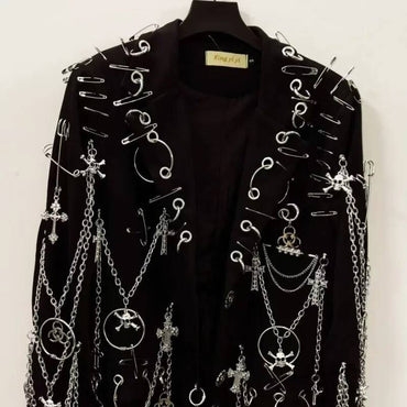 WVGA Spring Autumn New Men Y2K Dark Techwear Gothic Chain Design Blazer Punk Rock Heavy Beaded Niche Chic Casual Suit-Coat W8497