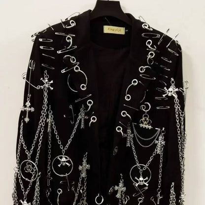 WVGA Spring Autumn New Men Y2K Dark Techwear Gothic Chain Design Blazer Punk Rock Heavy Beaded Niche Chic Casual Suit-Coat W8497