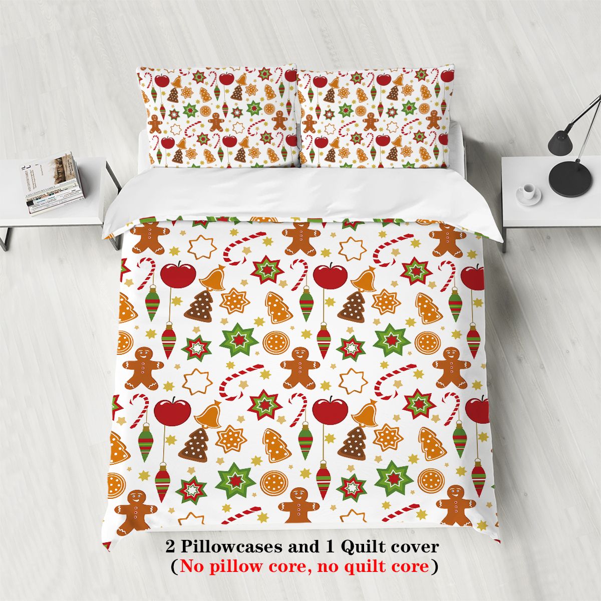 3-piece Christmas Cute Gingerbread Man Pattern Print (1 duvet cover+2 pillowcases, no core) Comfortable Bedding Set