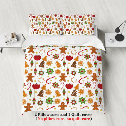 3-piece Christmas Cute Gingerbread Man Pattern Print (1 duvet cover+2 pillowcases, no core) Comfortable Bedding Set