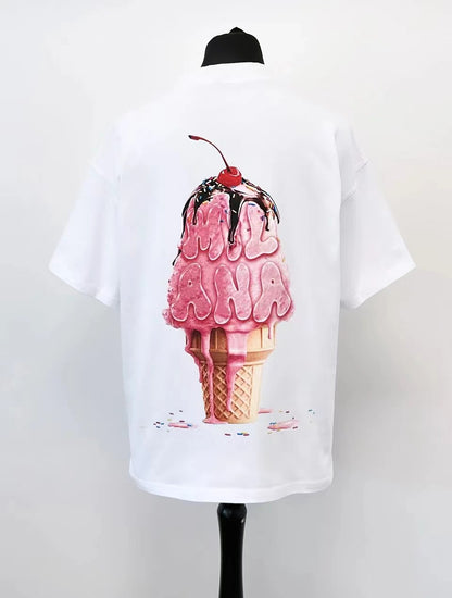 2025 summer new Harajuku street style ice cream print short sleeve cotton T-shirt men Y2k top Gothic style loose couple shirt