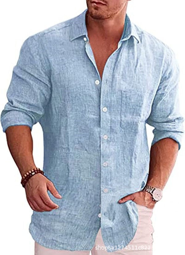 Men's Loose Large Size Solid Color Shirt Linen Collar Long Sleeve Casual Shirt