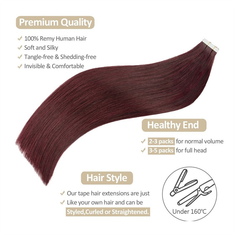 Extensões de Cabelo Borgonha com Fita Adesiva, Cabelo Humano Real, Extensões Vermelhas #99j Preto para Prata Liso para Mulheres