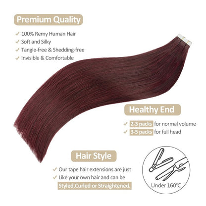 Extensões de Cabelo Borgonha com Fita Adesiva, Cabelo Humano Real, Extensões Vermelhas #99j Preto para Prata Liso para Mulheres