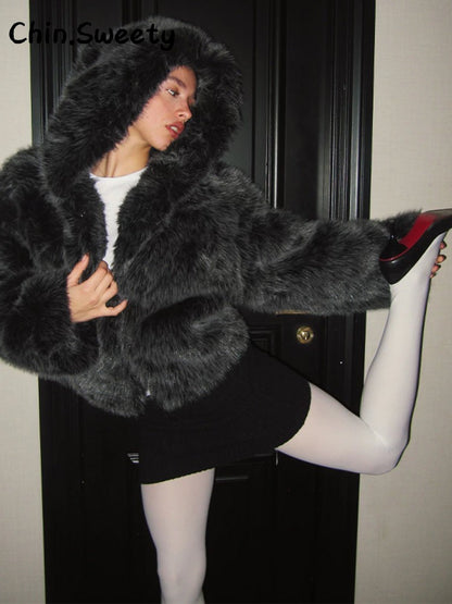 Warm Women's Hooded Faux Fur Cropped Coats Loose V-neck Full Sleeve Thicken Jacket Female 2025 Autumn Winter Lady Luxury Outwear