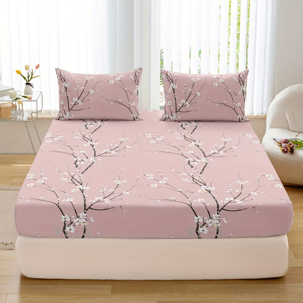 Conjunto de Lençol com Elástico Estampado 3 Peças (1 Lençol com Elástico + 2 Fronhas, Sem Enchimento)