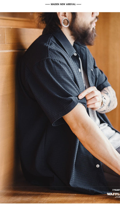 Summer Men's Waffle Short Sleeve Cargo Shirts 2025 New Casual Retro Breathable Lapel Blouse Y2K Vintage Streetwear Tee Shirt