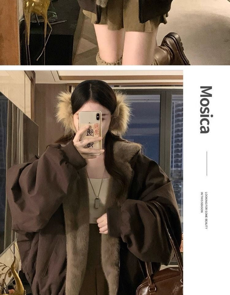 American Retro Reversible Velvet Zipper Hooded Jacket Women Winter Fashion Street Thick Loose Warm Harajuku Casual Plush Jacket