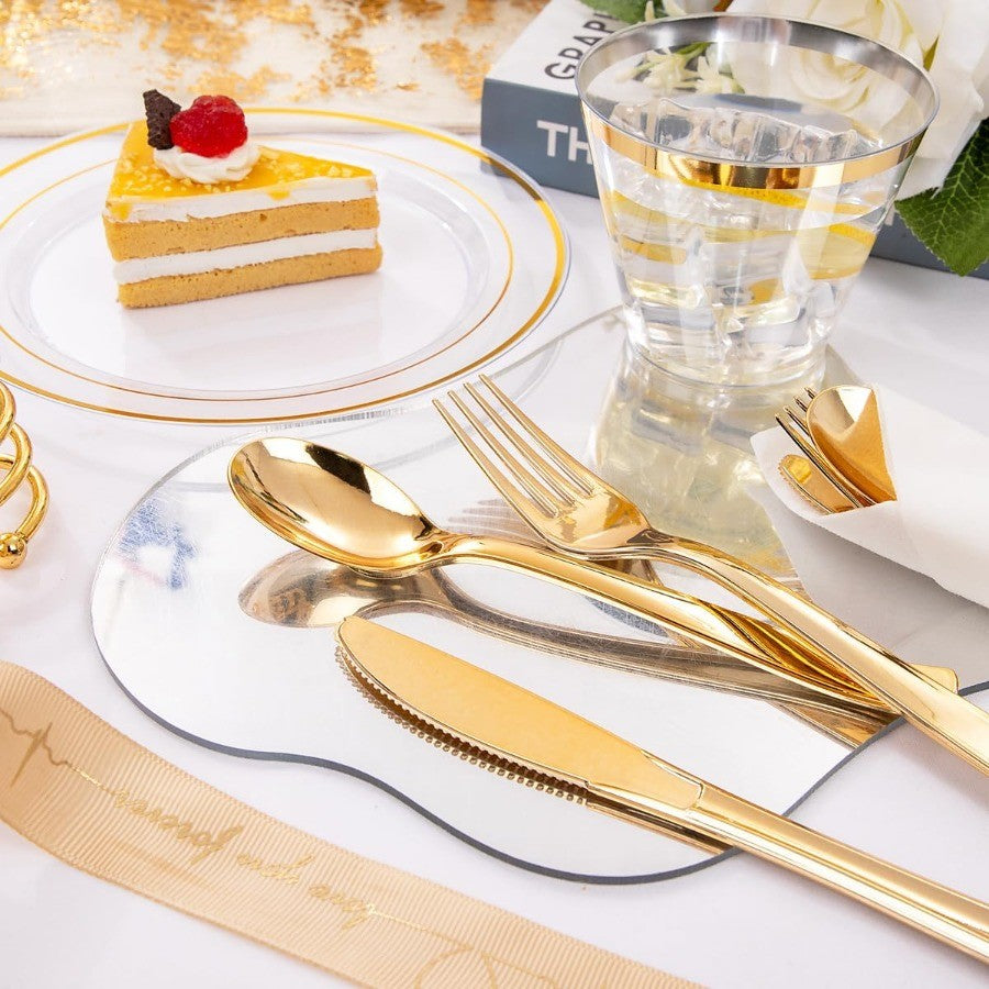 350PCS Clear Gold Plastic Dinnerware Set for 50 Guests Thanksgiving Plates Disposable Include: 50 Dinner Plates 50 Dessert Plat
