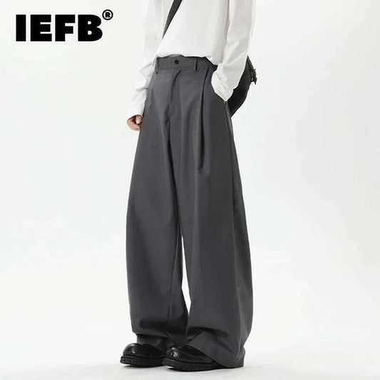 IEFB American Style Men's Suit Trousers Pleated Design Wide Leg Solid Color Button Casual Bottom Straight New Male Pants 9W766