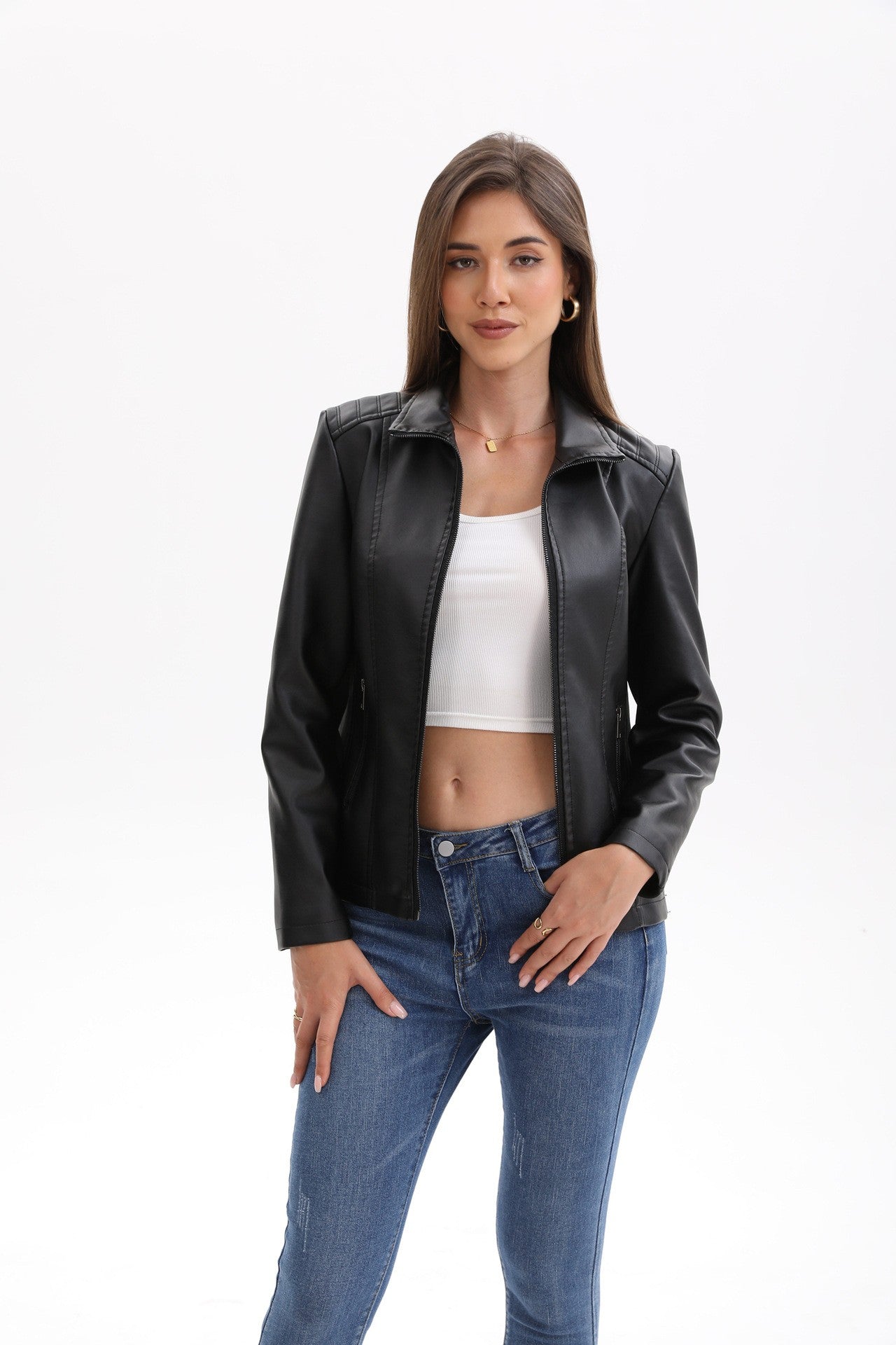 2025 Women’s Stylish Brown Faux Leather Jacket - Slim Fit, Trendy Moto Style with Zipper Detail PU Coat.
