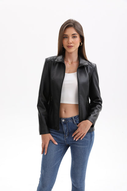 2025 Women’s Stylish Brown Faux Leather Jacket - Slim Fit, Trendy Moto Style with Zipper Detail PU Coat.