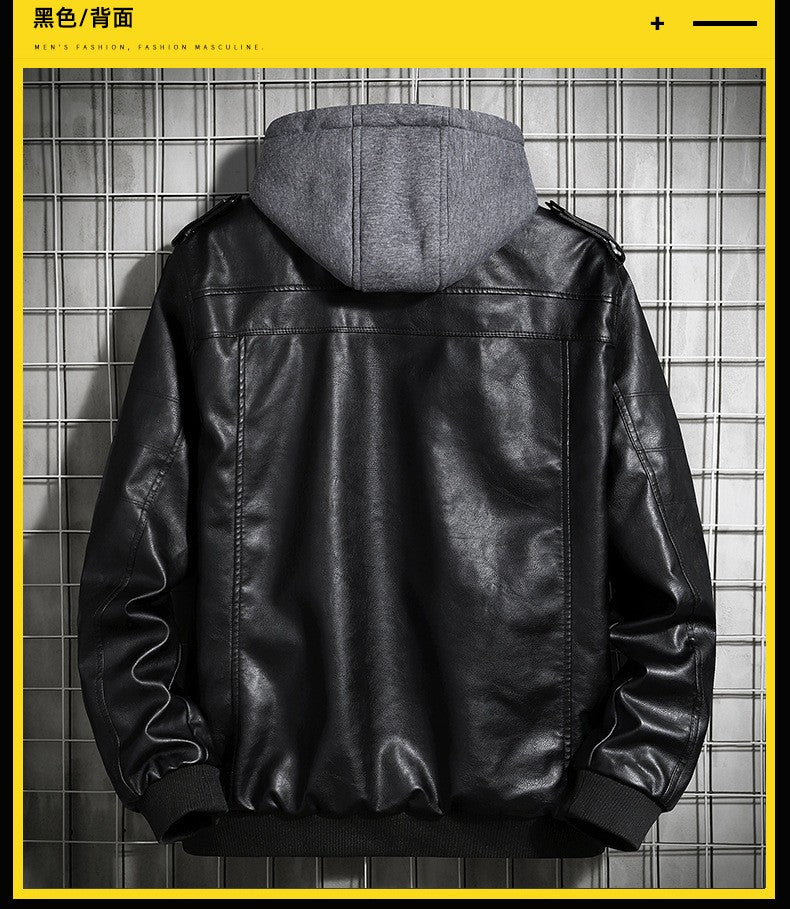 Hooded Leather Jacket Men's Jacket Winter PU Leather Coat Teenage Jackets Men's Motorcycle Leather Coat Harajuku