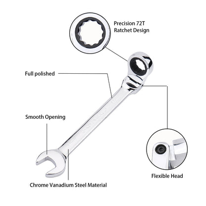 Chave de Boca Catraca Combinada Métrica com Cabeça Flexível Catraca Chave Métrica Padrão 11-15mm Ferramentas Resistentes de Aço Cromo Vanádio
