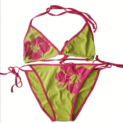 Y2k subculture retro millennium girls style hanging neck suspender bikini set summer beach kawaii classic comfortable bikini set