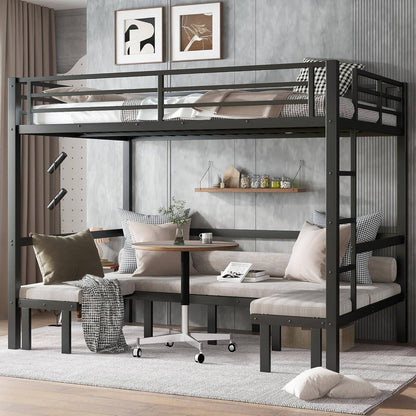 Over Full Bunk Bed with Guardrails, Convertible Metal Loft Bed with Sofa & Lower Bed, Full Size Bunk Beds Pull-Out