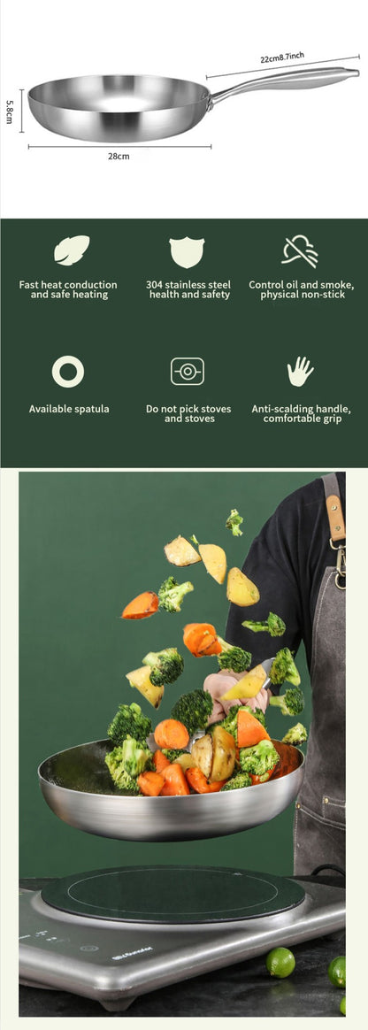 Frying Pan 304 Stainless Steel Non-Stick Steak Pan 22/24/26/28cm Skillet Wok Kitchen Cookware for Gas and Induction Hobs