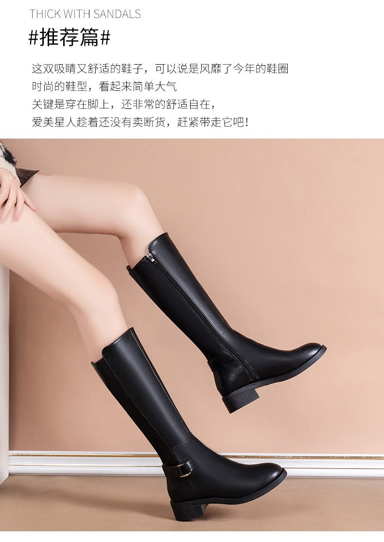 Black Pu Leather Knee Boots for Women Shoes Metal Buckle Decoration New Fashion Outdoor Long Botas Ladies Footwear Size 34-41