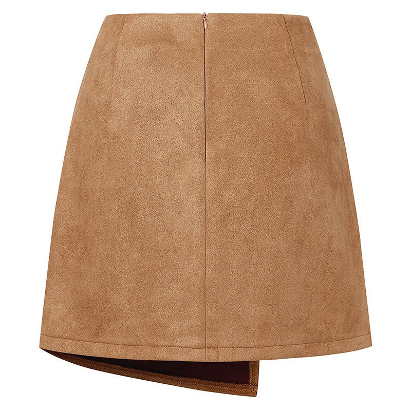 Chic Faux Suede Mini Skirts Women Design Irregular Button Skirts Woman Spring Autumn High Waist Zipper Up A-Line Skirt Ladies