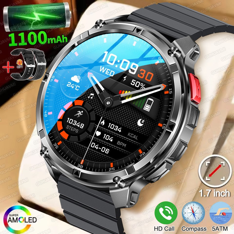 Relógio Inteligente Militar com Bússola GPS Masculino Bateria 1100mAh Lanterna Frequência Cardíaca 100+ Modos Esportivos Chamada Bluetooth Smartwatch à Prova d'Água