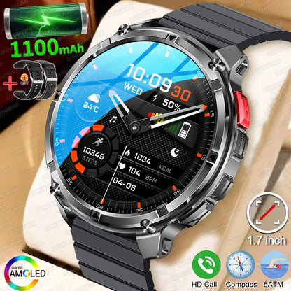 Relógio Inteligente Militar com Bússola GPS Masculino Bateria 1100mAh Lanterna Frequência Cardíaca 100+ Modos Esportivos Chamada Bluetooth Smartwatch à Prova d'Água