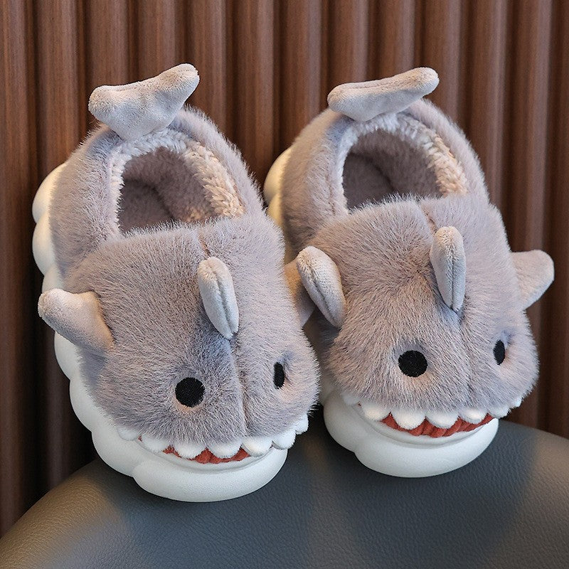 Winter Heel Wrap Cotton Children's Slippers Cute Cartoon Shark Non-slip Soft Sole Kids Boys Girls Junior Warm Plush Home Shoes