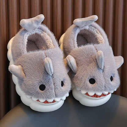 Winter Heel Wrap Cotton Children's Slippers Cute Cartoon Shark Non-slip Soft Sole Kids Boys Girls Junior Warm Plush Home Shoes