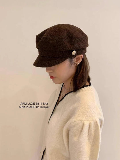 Korean Blogger Same Style Metal Button Autumn Winter Maillard Duck Bill Hat Woolen Newsboy Cap Eight Panel Hat for Women