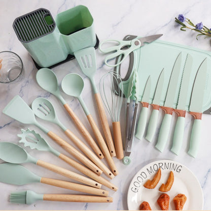 Conjunto de utensílios de cozinha de silicone, 19 peças com cabo de madeira, espátula, panela antiaderente e balde de armazenamento de facas multiuso integrado