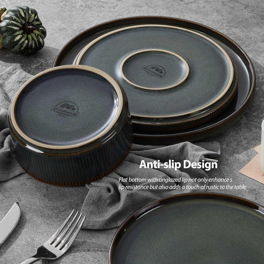 Dinnerware Sets with Pasta Bowls 16 Piece Plates and Bowls Set for 4 Ribbed Stoneware Dishes Set for Kitchen Dining Microwave a