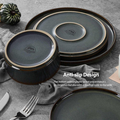 Dinnerware Sets with Pasta Bowls 16 Piece Plates and Bowls Set for 4 Ribbed Stoneware Dishes Set for Kitchen Dining Microwave a