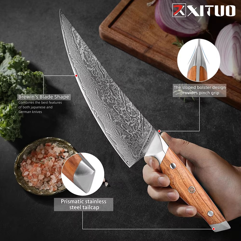 Conjunto de Facas de Cozinha Profissionais em Aço Damasco 1-8 Peças Faca Chef, Santoku, Cutelo, Pão, Desossar e Utilitárias - Afiadas como Navalha
