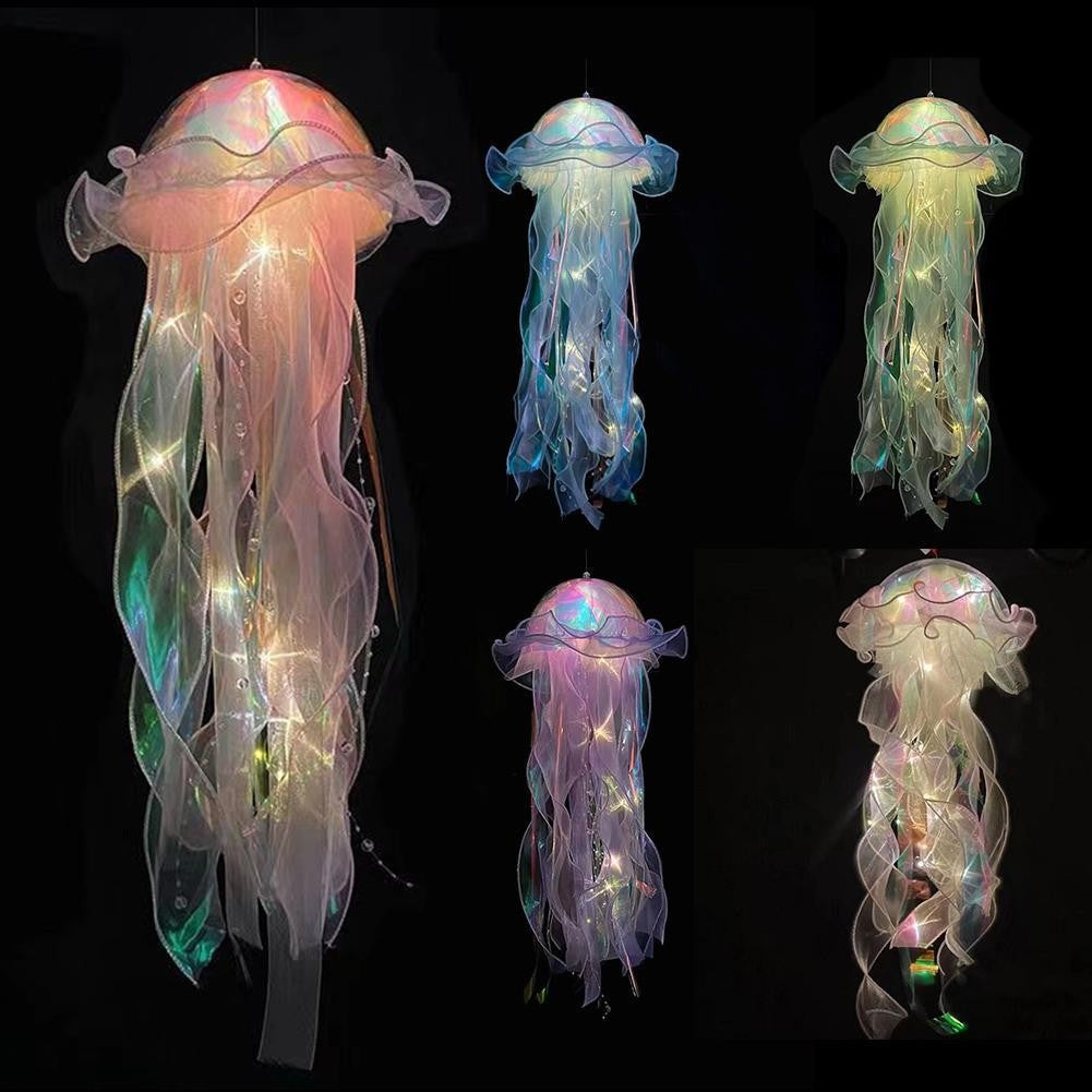 Jellyfish Bedroom Light Lamp Button Battery Hanging Ceiling Lantern with Ribbon&Bead LED Bulbs for Children Bedroom